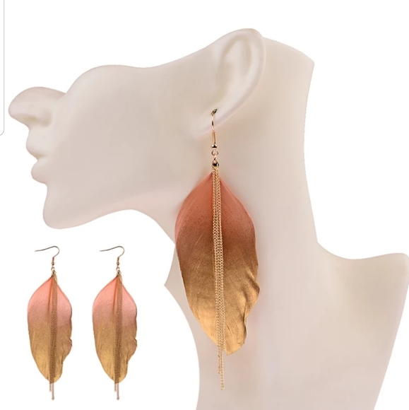 Exotic Feather Dipped in Gold Long Earrings 4in - Picture 3 of 5